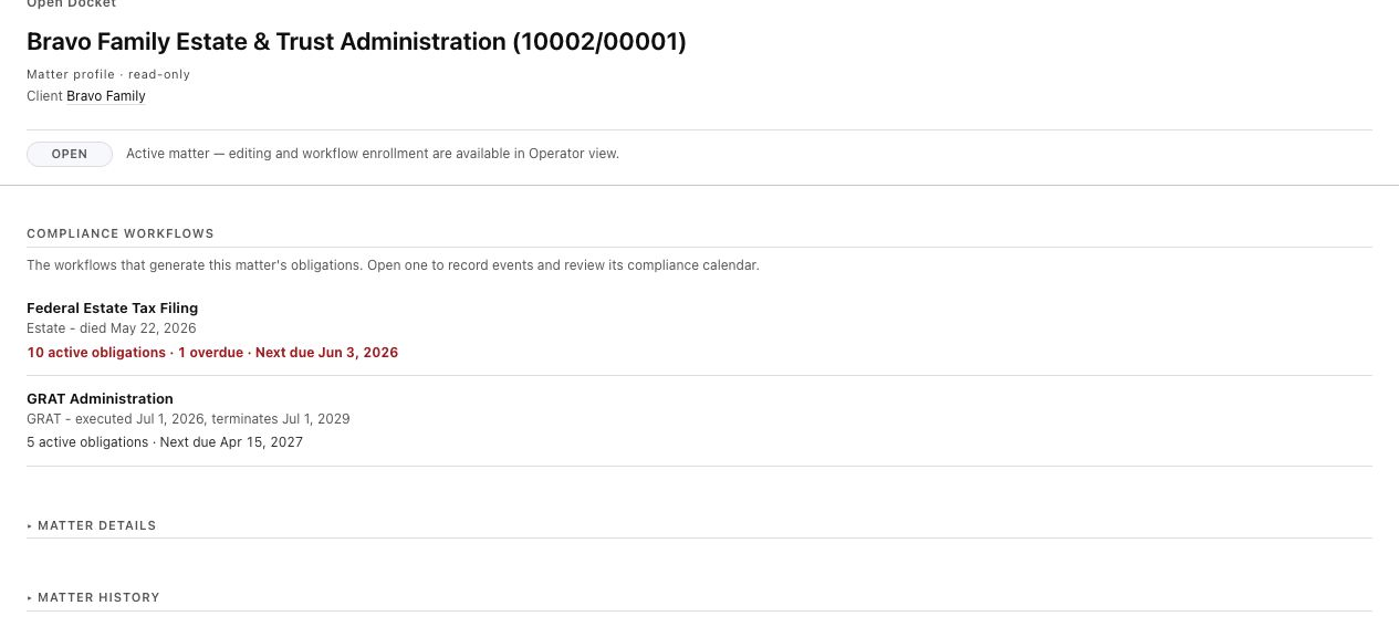 Matter page leading with Compliance Workflows and per-workflow cards.